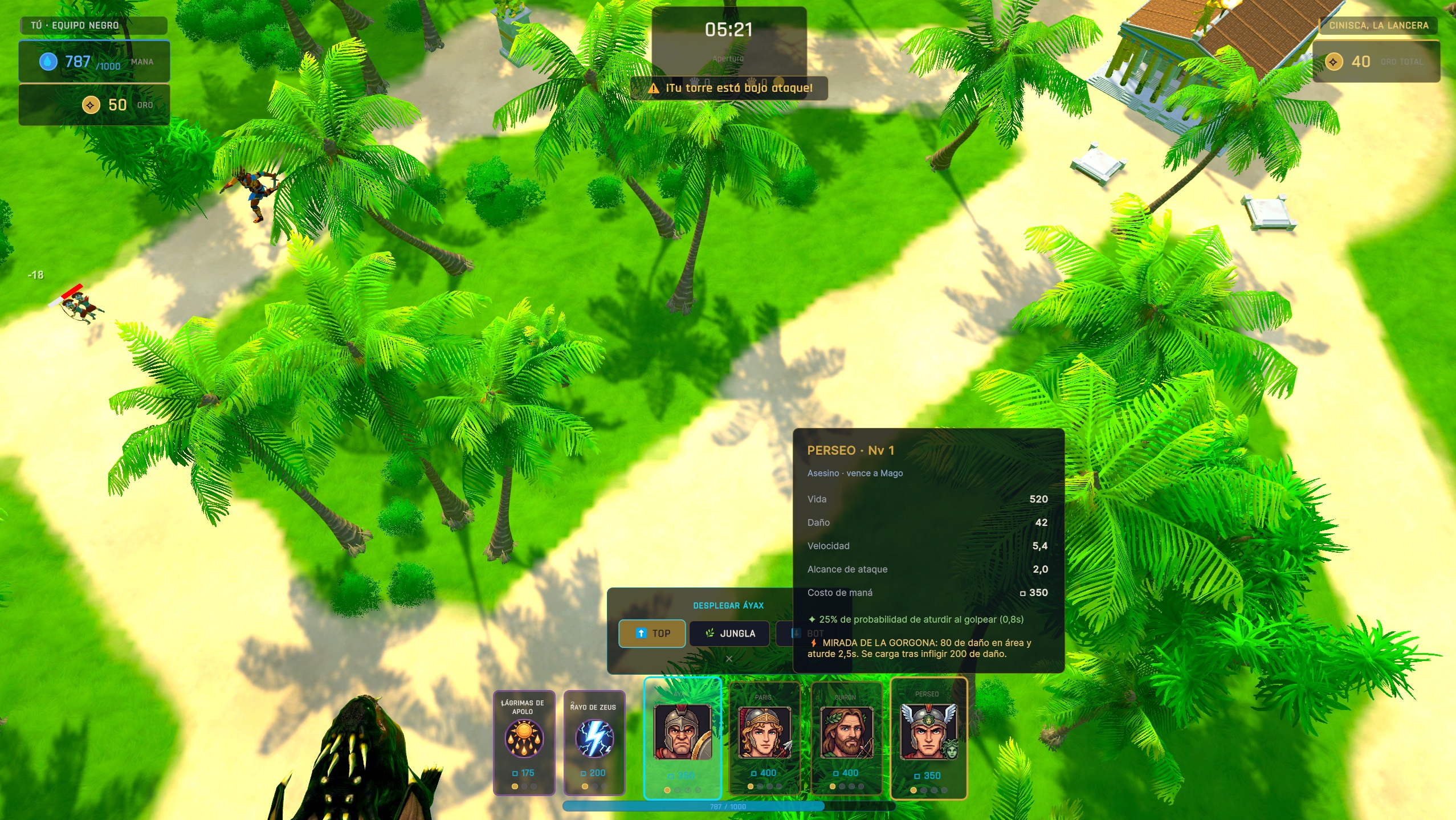 Captura de gameplay: vista táctica de dos carriles y jungla