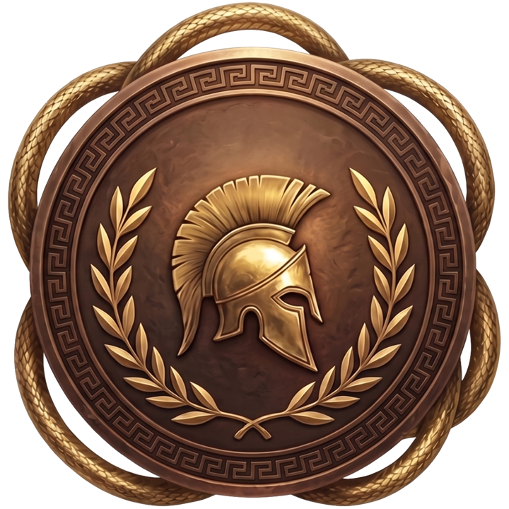 Medallón de bronce de Gods Tournament: casco espartano rodeado de laureles